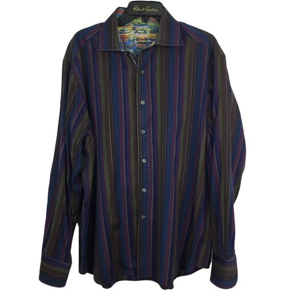 Robert Graham Mens XL Shirt Purple Green Stripes Car Cuffs Size‎ Extra Large - Picture 1 of 13